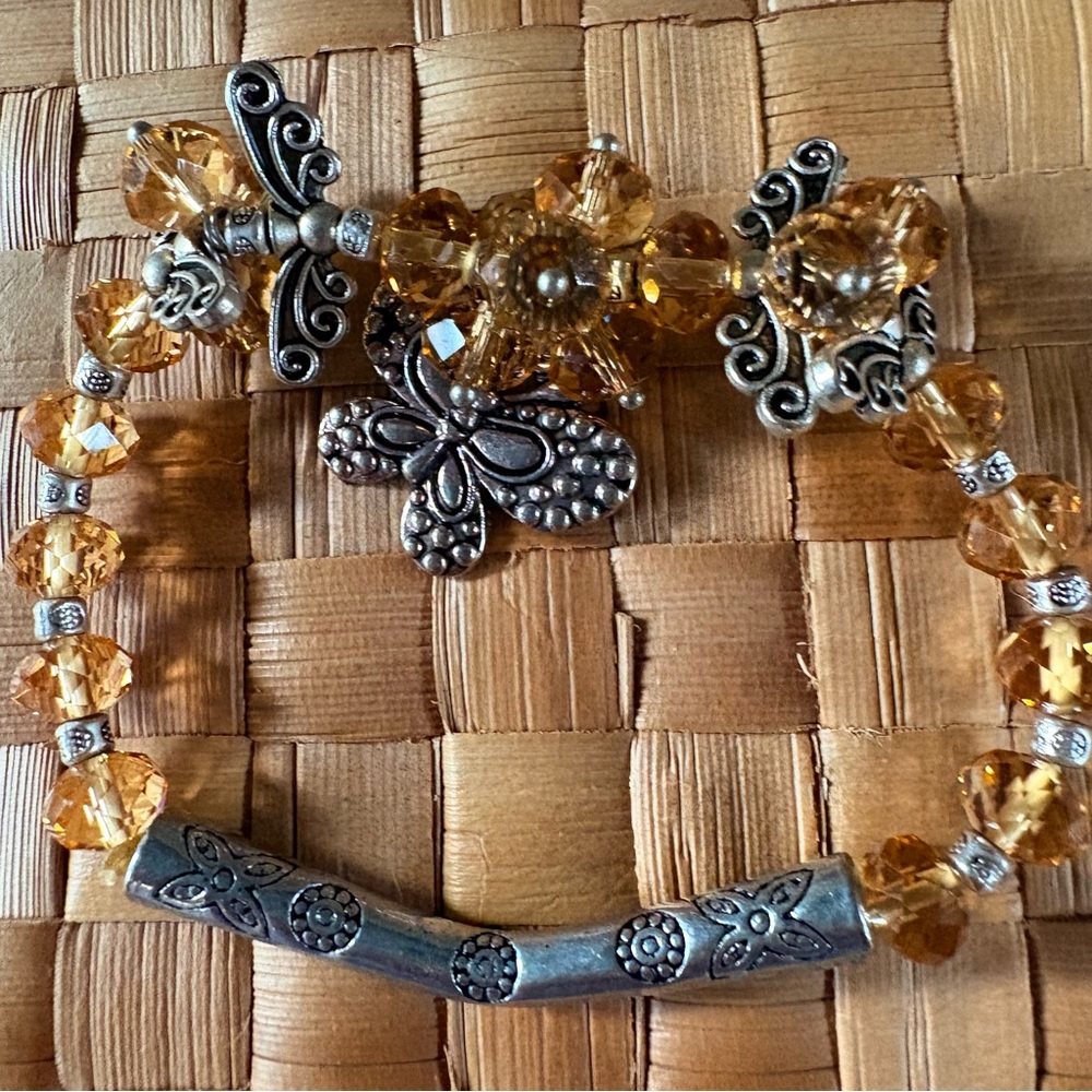 Gold Beaded/butterfly Bracelet with Silver Accents